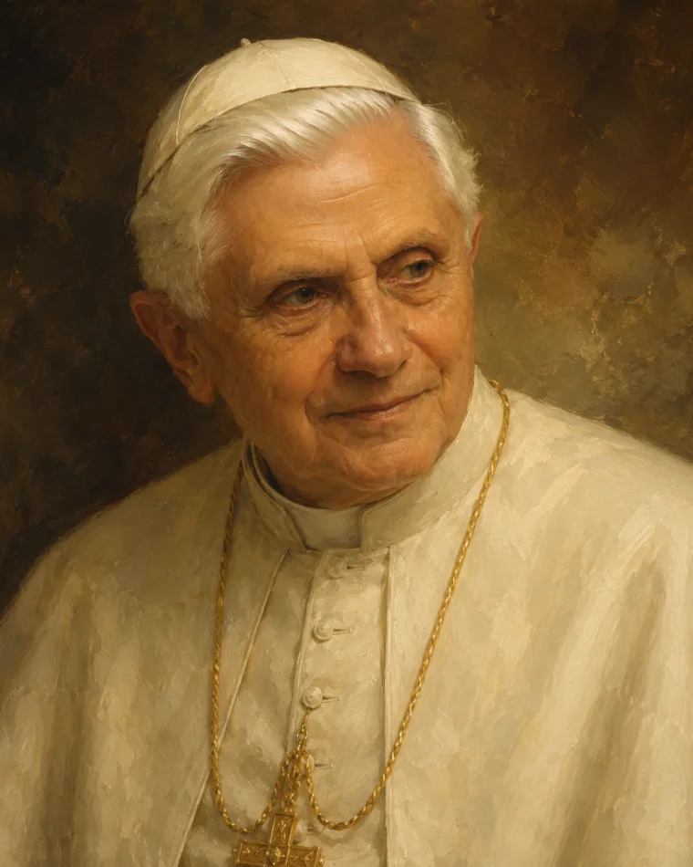 Oil portrait of Benedict XVI in white papal attire with a gold pectoral cross
