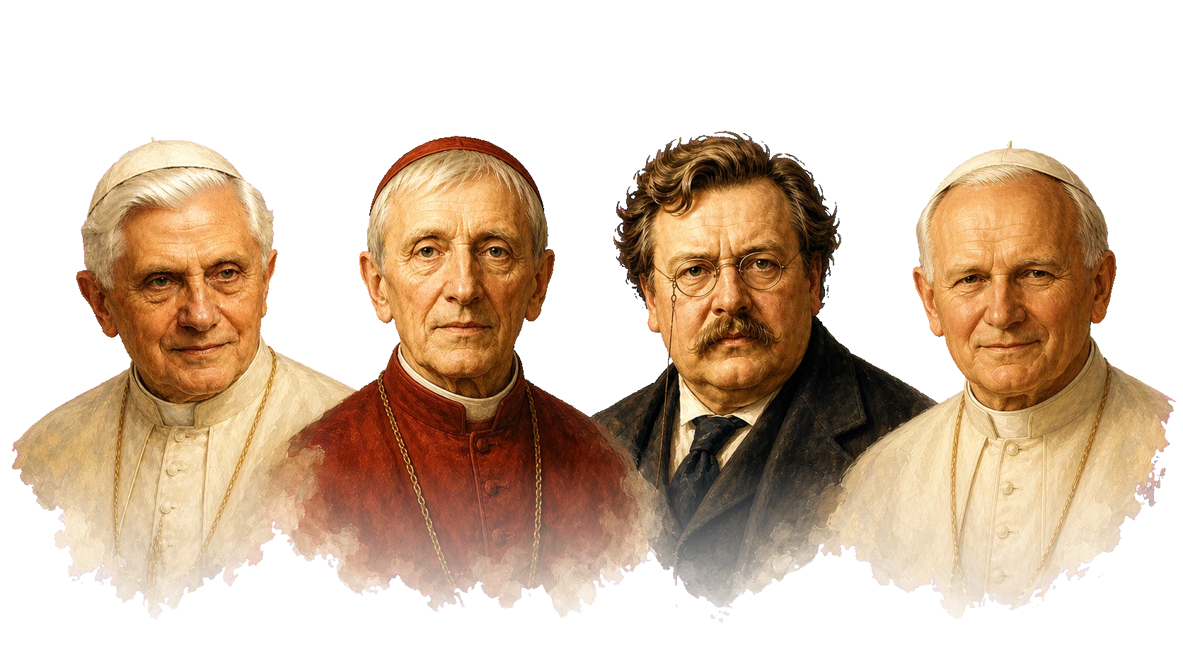 Oil portraits of the four inaugural minds: Benedict XVI, John Henry Newman, G. K. Chesterton, and John Paul II