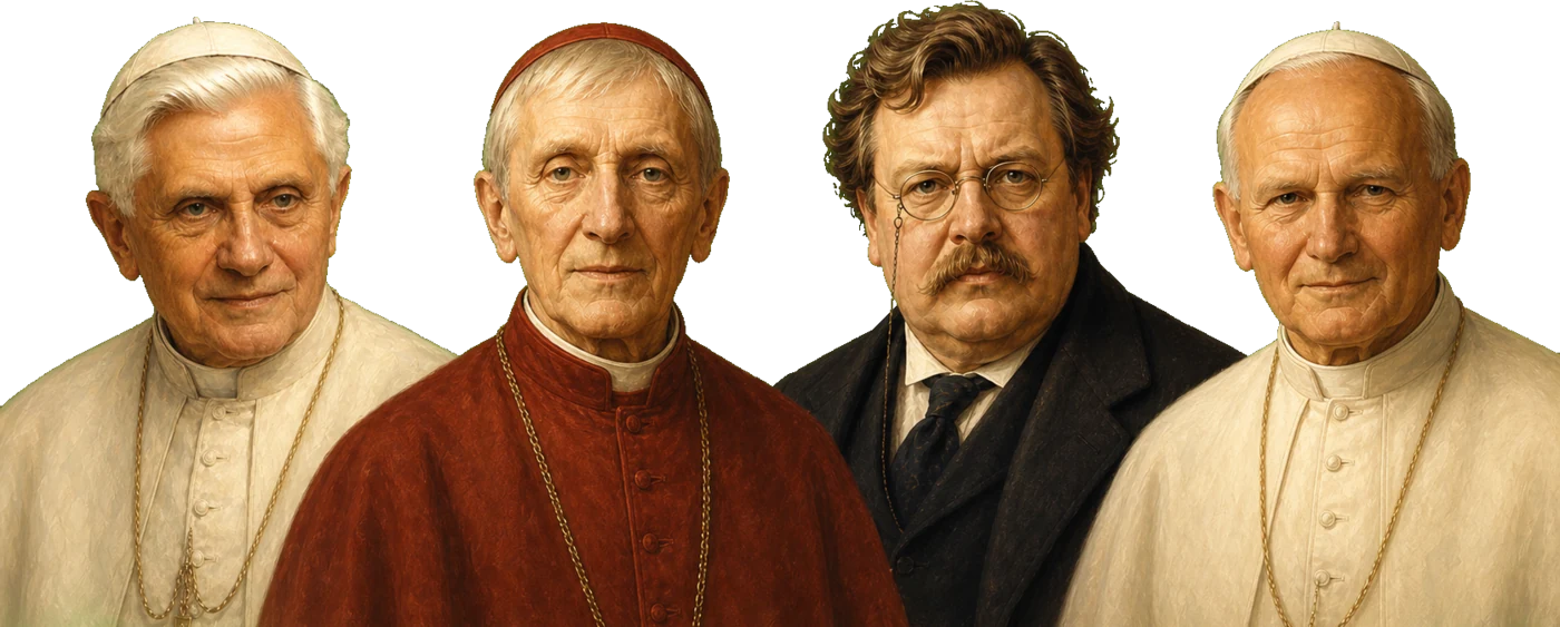 Oil portraits of the four inaugural minds: Benedict XVI, John Henry Newman, G. K. Chesterton, and John Paul II
