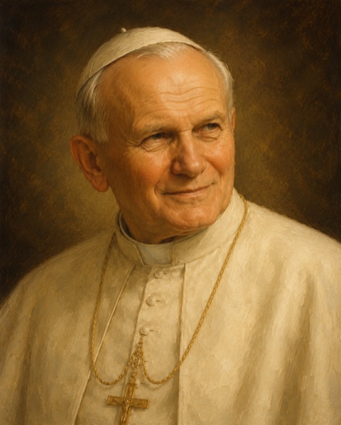 Oil portrait of John Paul II in white papal attire with a gold pectoral cross